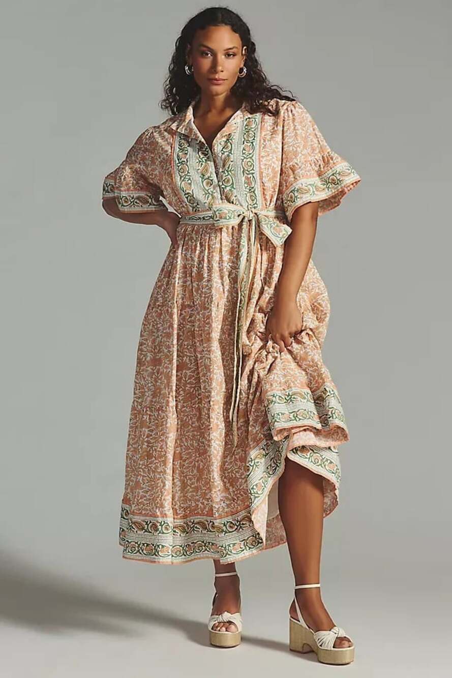 Sue Sartor Hamilton Kaftan Dress Coral/Cora Block Print Midi Size 1X